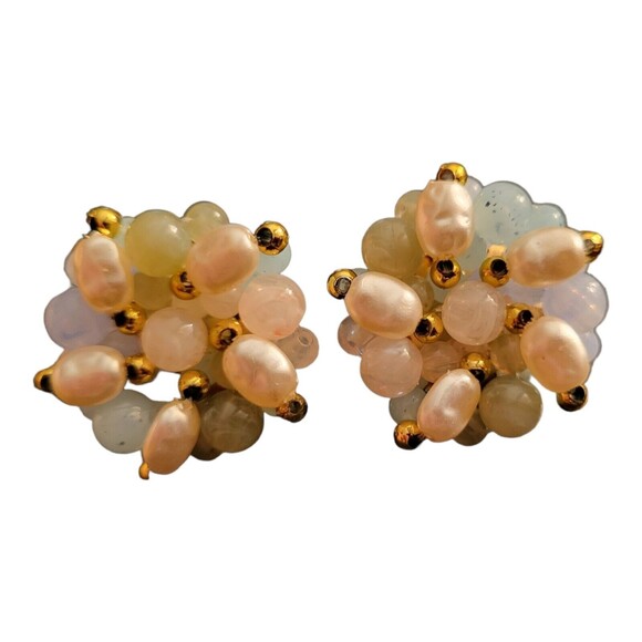 Vintage Blue Bead and Faux Pearl Clip On Earrings - Picture 1 of 3